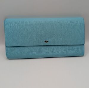 FOSSIL Leather Earring Travel Case Blue with Gold Snap Closure